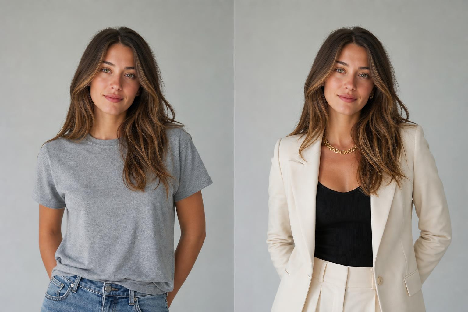 Confronto prima e dopo del cambio outfit sulla stessa foto